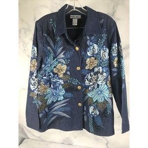 INDIGO MOON Blue Floral Aplique, Embroidery, beads JACKET  Medium